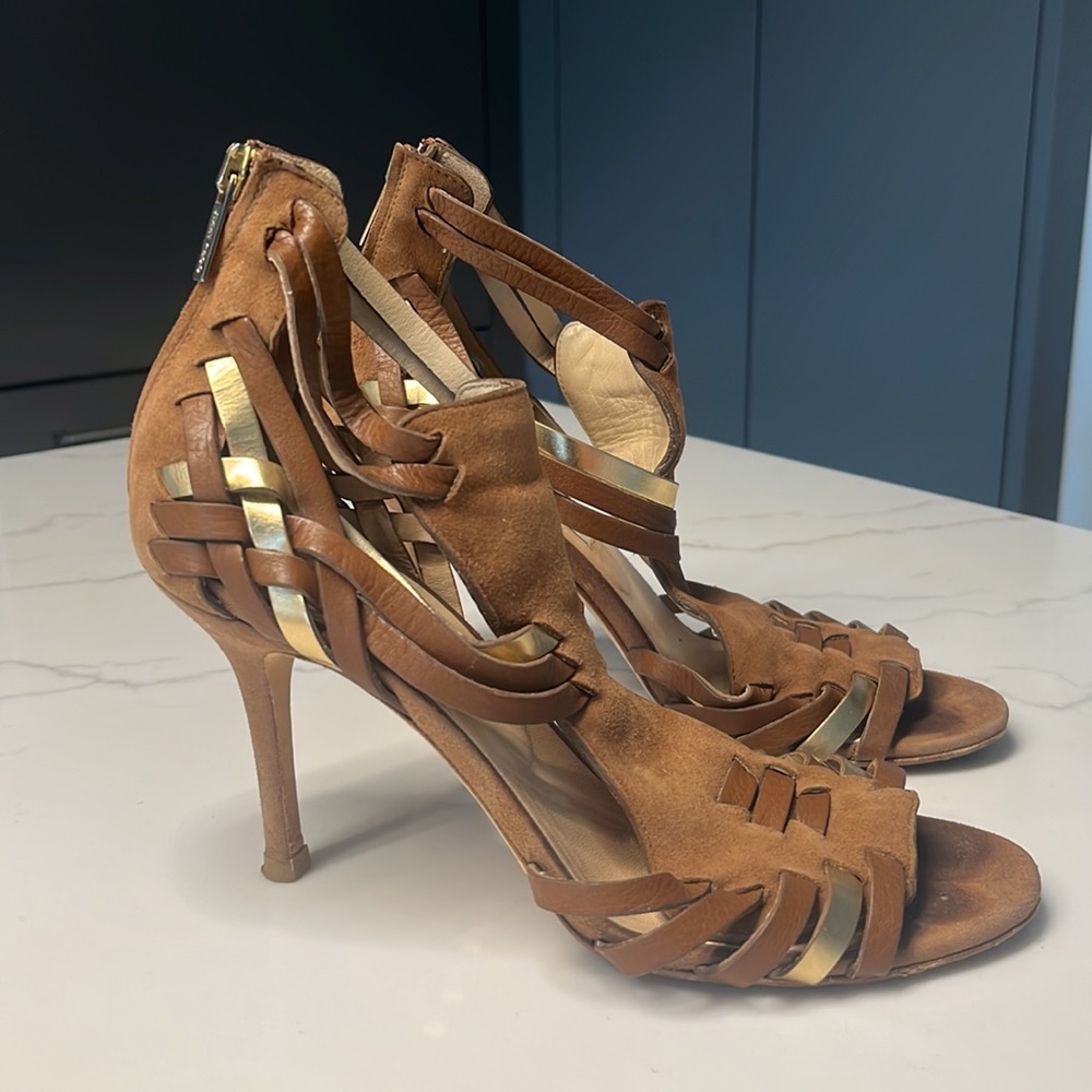 Jimmy Choo Brown and Gold Suede Pumps